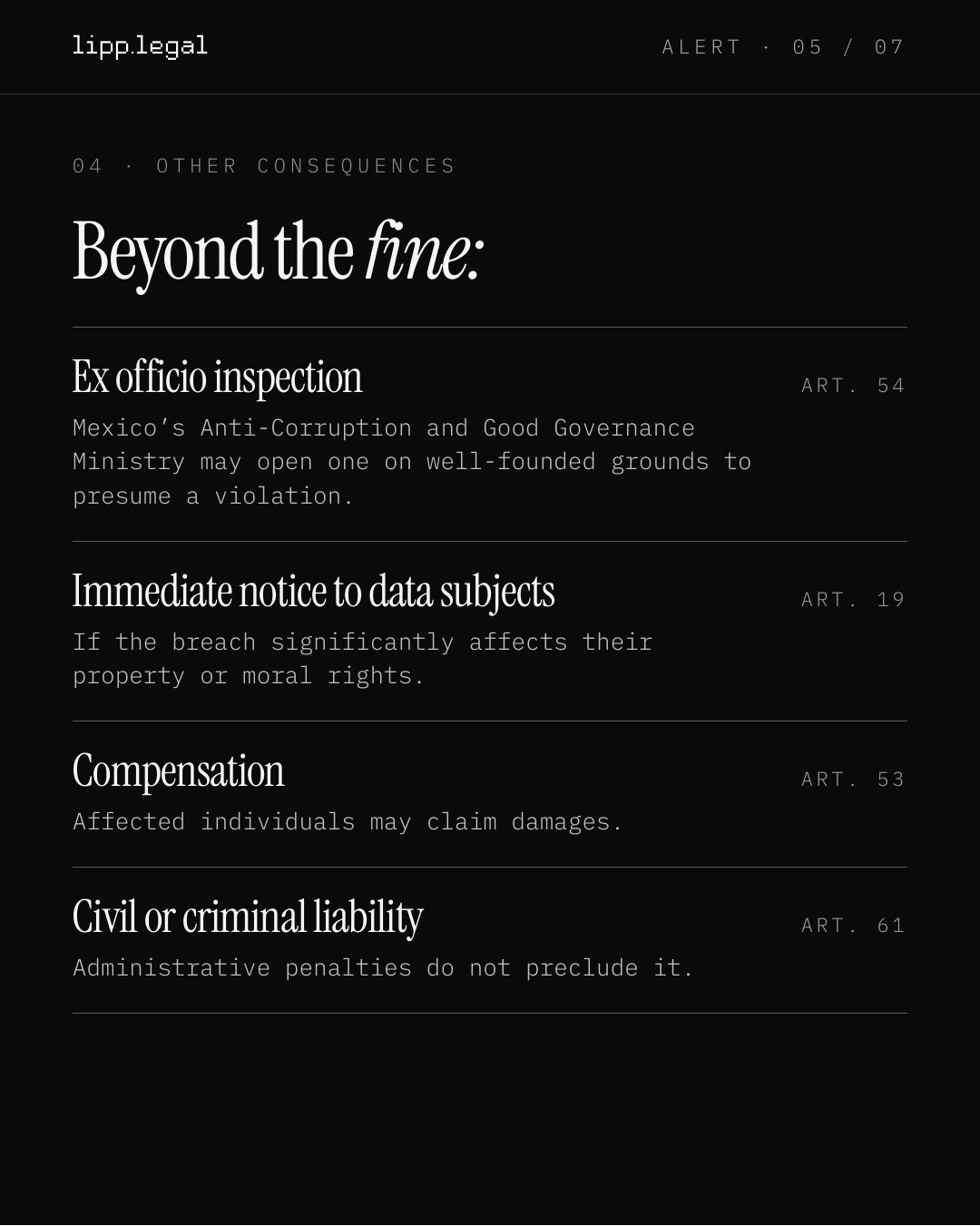 A L E R T · 0 5 / 0 7 0 4 · O T H E R C O N S E Q U E N C E S Beyondthefine: Exofficioinspection Mexico’s Anti-Corruption and Good Governance Ministry may open one on well-founded grounds to presume a violation. ART. 54 Immediatenoticetodatasubjects If the breach significantly affects their property or moral rights. ART. 19 Compensation Affected individuals may claim damages. ART. 53 Civilorcriminalliability Administrative penalties do not preclude it. ART. 61