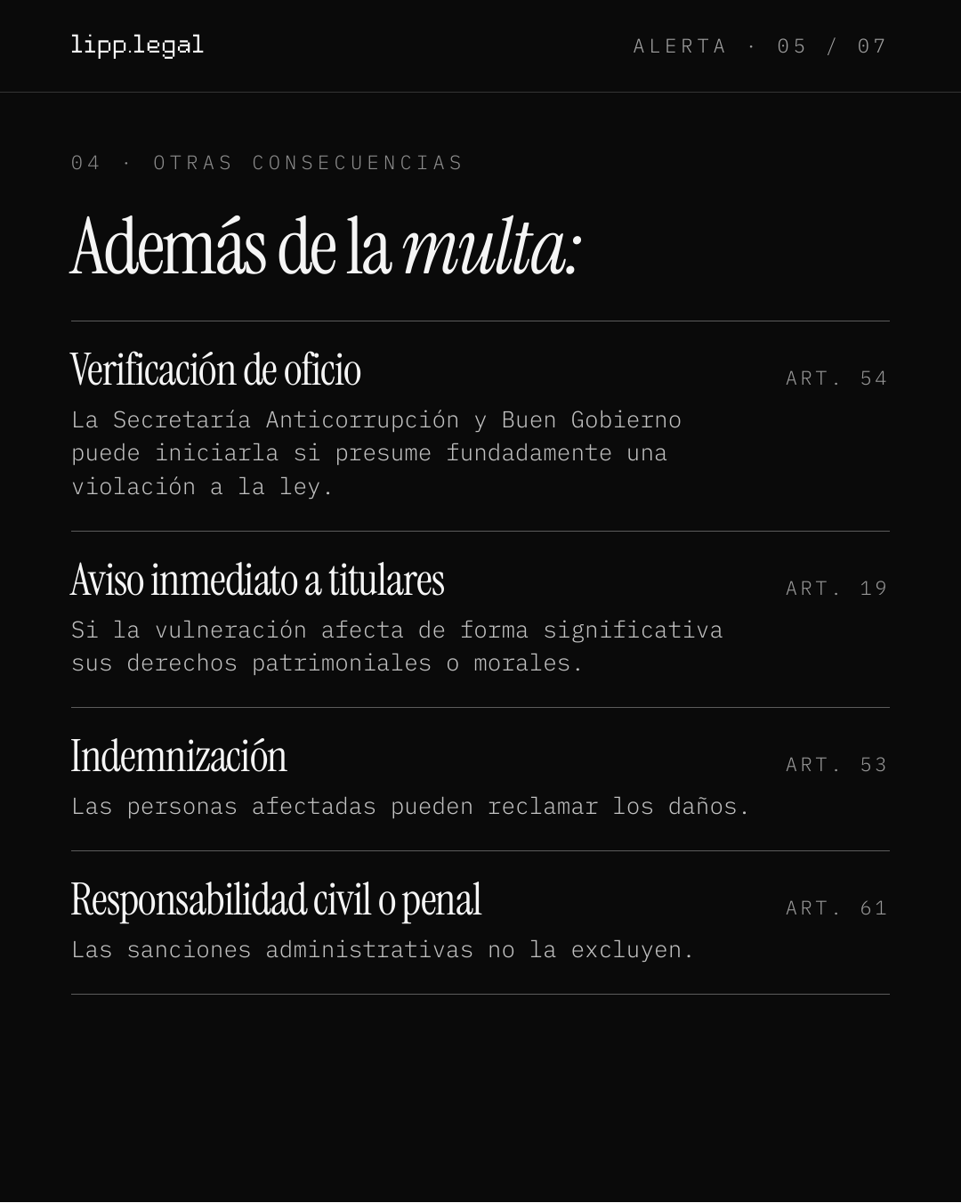 A L E R T A · 0 5 / 0 7 0 4 · O T R A S C O N S E C U E N C I A S Ademásdelamulta: Verificacióndeoficio La Secretaría Anticorrupción y Buen Gobierno puede iniciarla si presume fundadamente una violación a la ley. ART. 54 Avisoinmediatoatitulares Si la vulneración afecta de forma significativa sus derechos patrimoniales o morales. ART. 19 Indemnización Las personas afectadas pueden reclamar los daños. ART. 53 Responsabilidadcivilopenal Las sanciones administrativas no la excluyen. ART. 61
